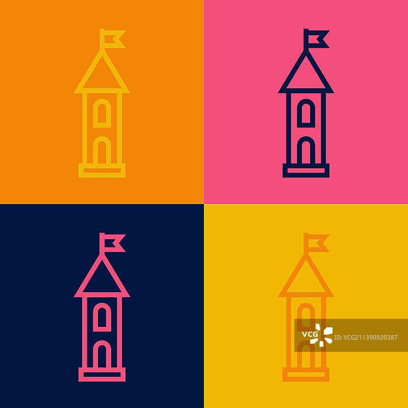 波普艺术线城堡塔图标上孤立的色彩图片素材