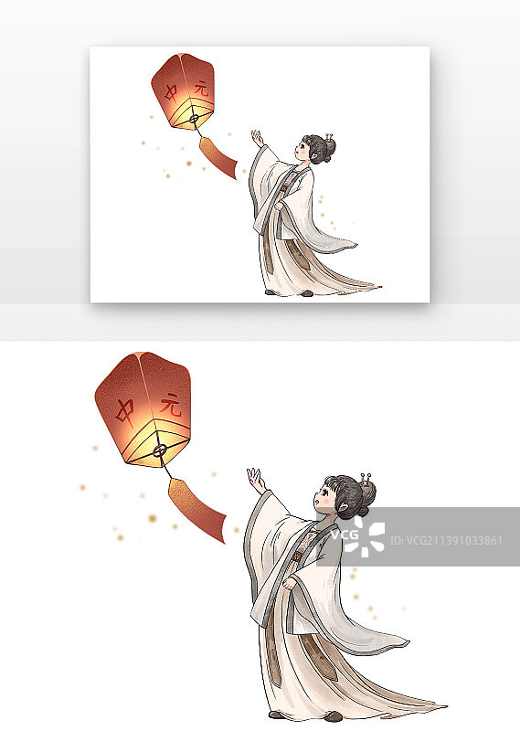 中元节古风女子放孔明灯图片素材