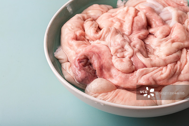 青底桌面上一碗新鲜洗干净的猪大肠图片素材