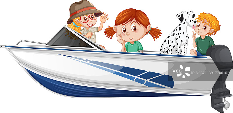 男孩和女孩坐在一艘白色的快艇上图片素材