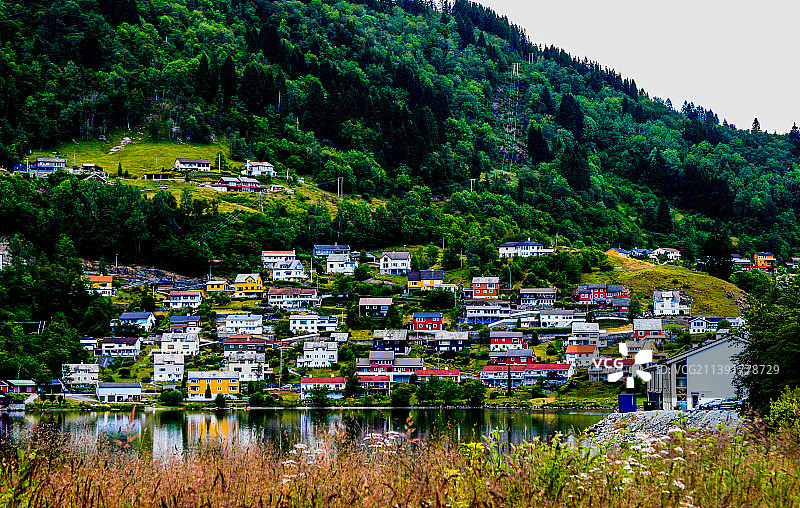 挪威，树木和建筑映衬着天空的风景图片素材