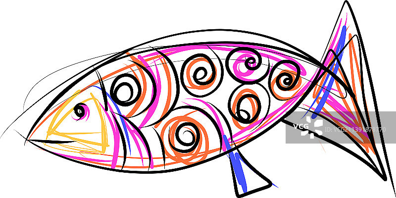 彩色手绘素描风格的可爱鱼图片素材