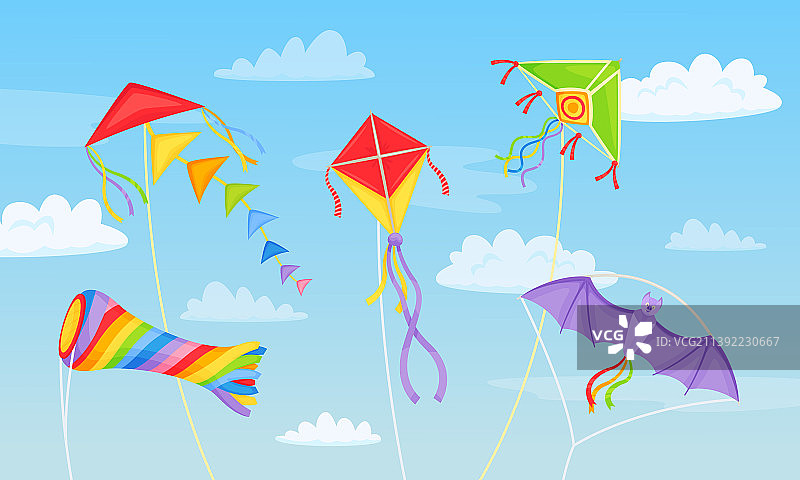 卡通彩色风筝在天空与云彩风筝图片素材