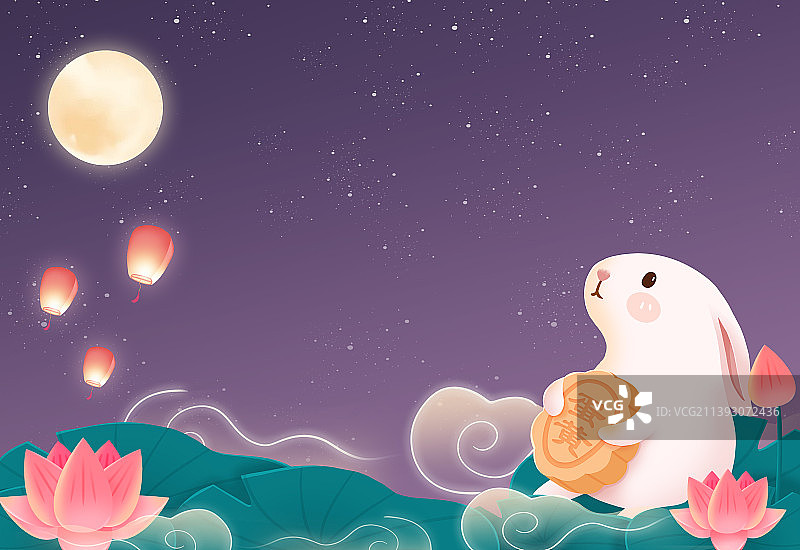 中秋节，玉兔抱着一个月饼在赏月的插画图片素材
