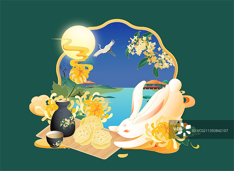 中秋节赏花赏月玉兔中国风新中式矢量插画兔年图片素材