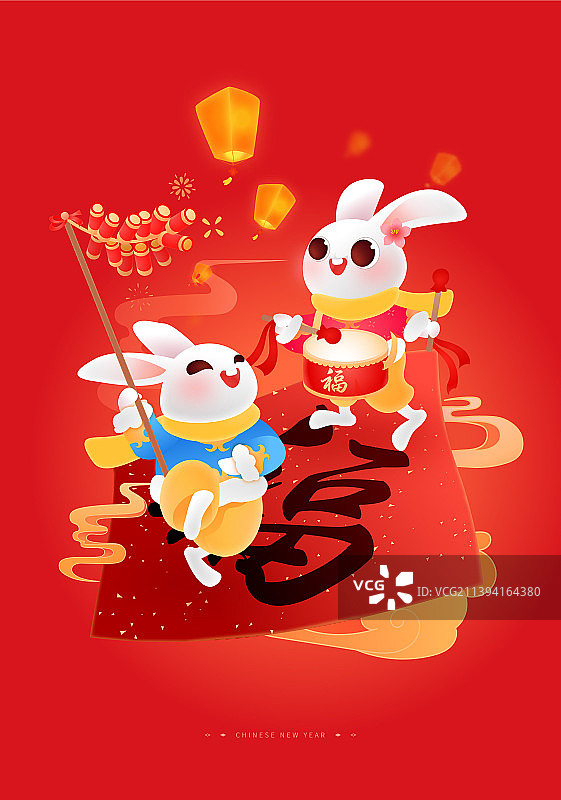 兔年新年春节除夕系列插画之放鞭炮扭秧歌福星高照图片素材