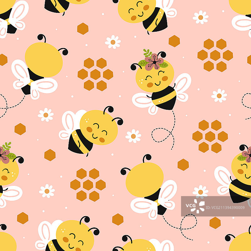 无缝图案配上可爱快乐的蜜蜂图片素材