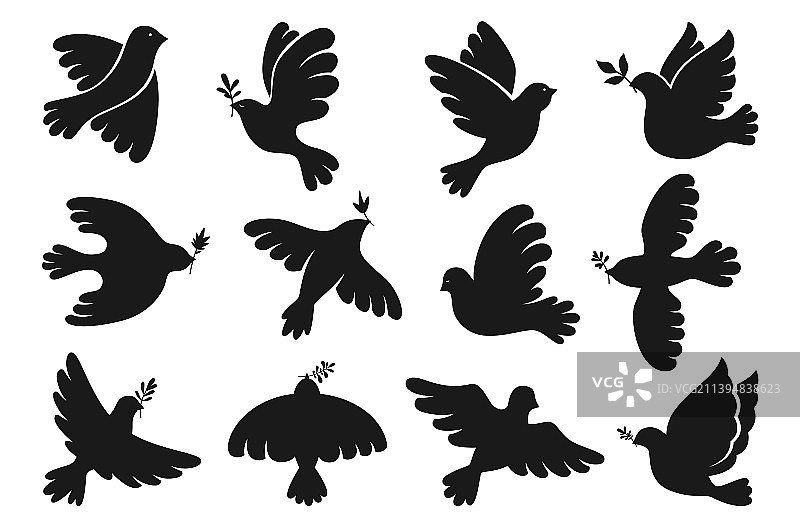 和平标志鸽子剪影设置飞鸟橄榄图片素材