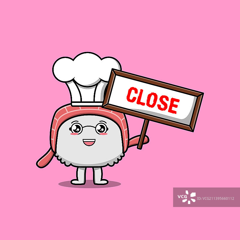 可爱的卡通寿司厨师举着封闭的招牌图片素材