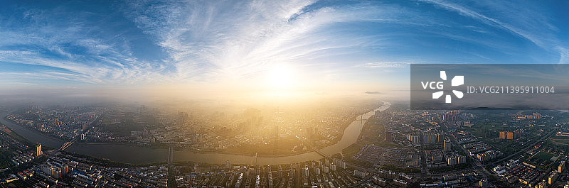 河南信阳浉河城市天际线日出风光航拍俯瞰图片素材