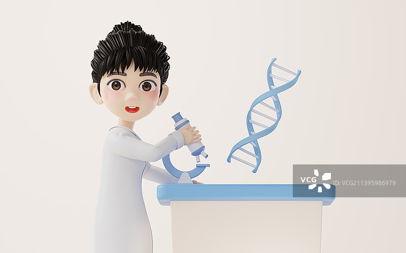 卡通女性科研人员与DNA结构3D渲染图片素材