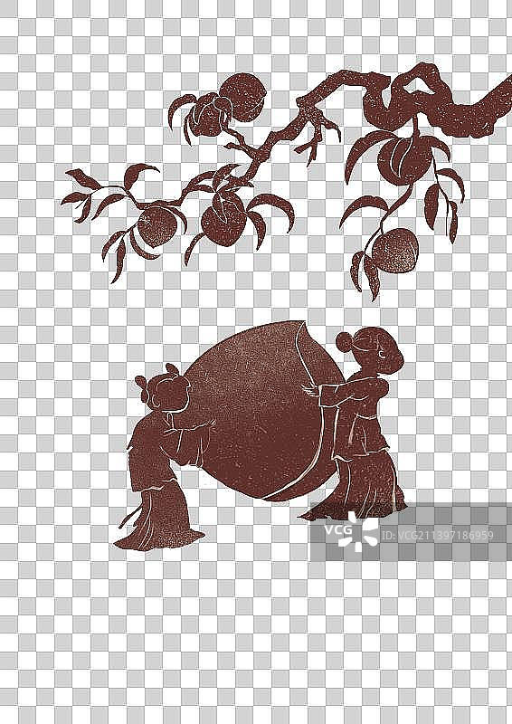寿桃儿童献寿孩提桃子桃树版画复古中国风插画图片素材