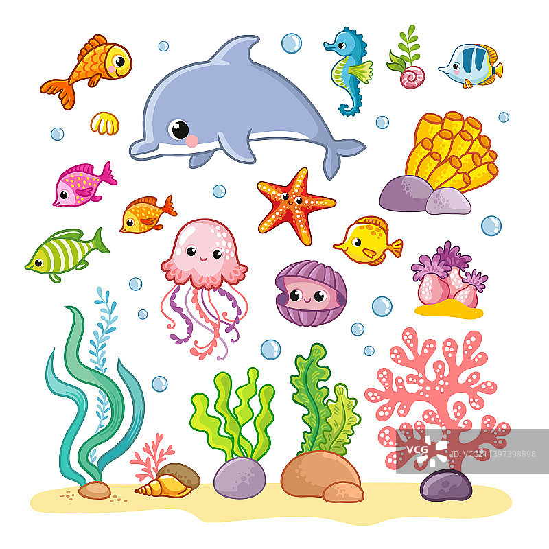 大布景与海洋动物和植物的卡通图片素材