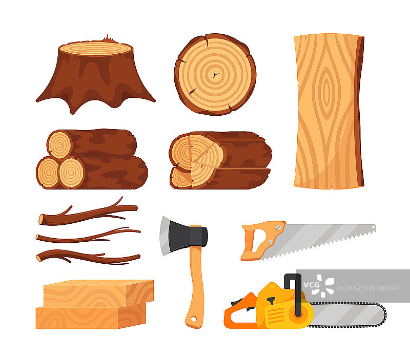 一套原木、木板和工具图片素材