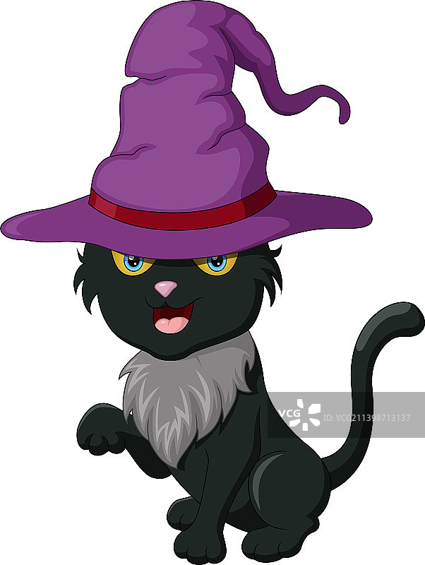 戴着万圣节帽子的可爱黑猫卡通图片素材