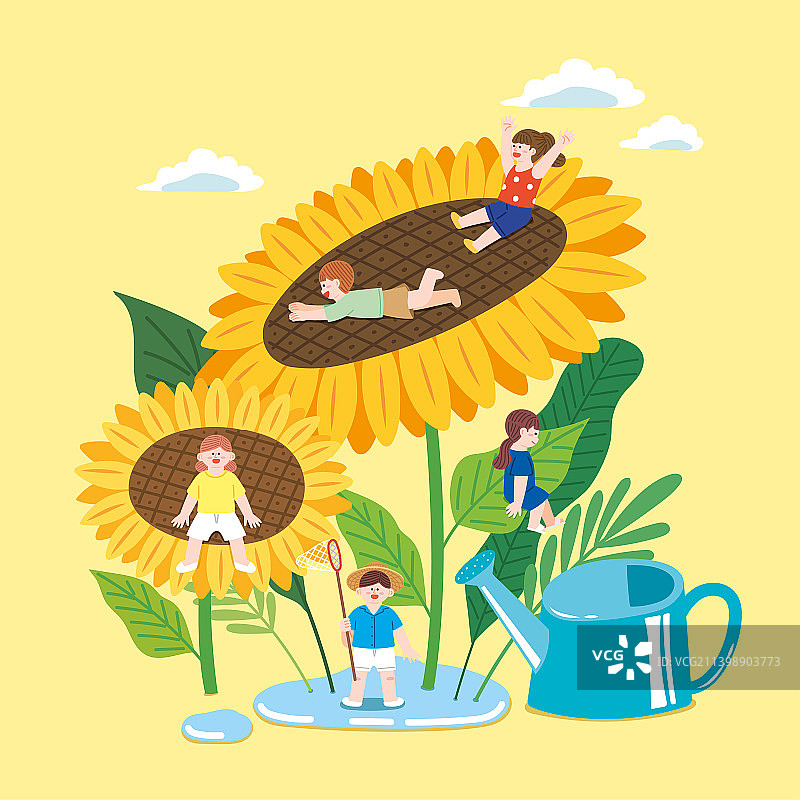 可爱的夏日画海报，小人在向日葵上玩耍图片素材