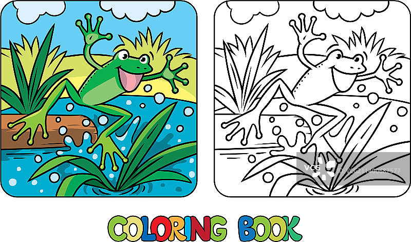 有趣的跳跃青蛙孩子填色书图片素材