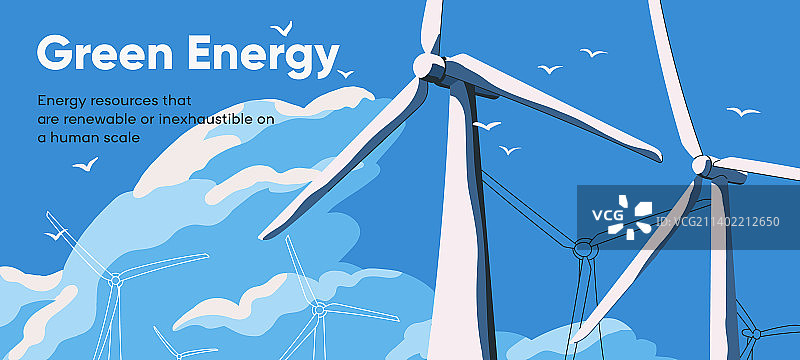 可再生能源旗帜与生态风力涡轮机图片素材