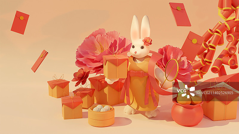 兔子和年货庆祝新年快乐图片素材