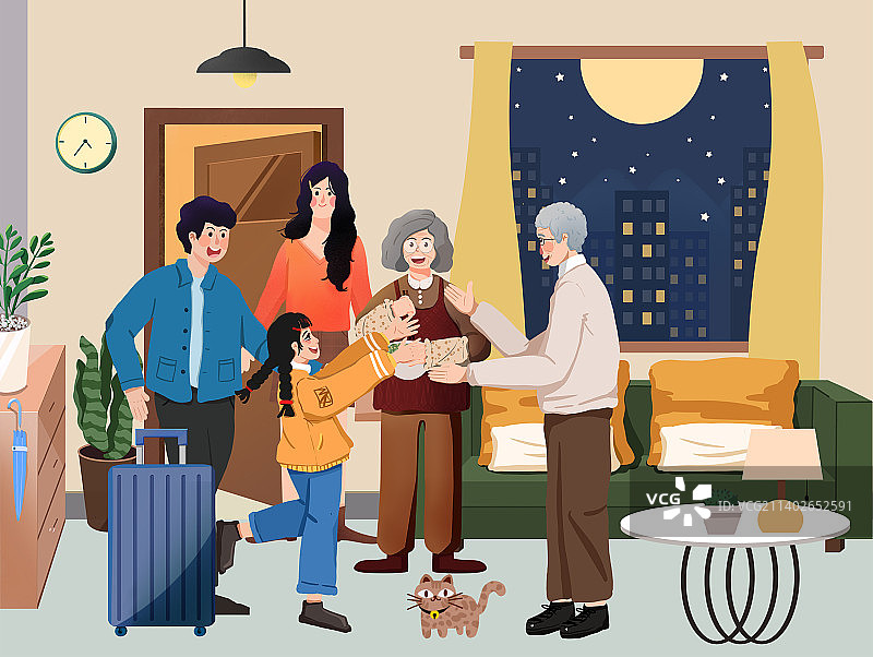 卡通手绘重阳节回家团聚陪伴父母图片素材