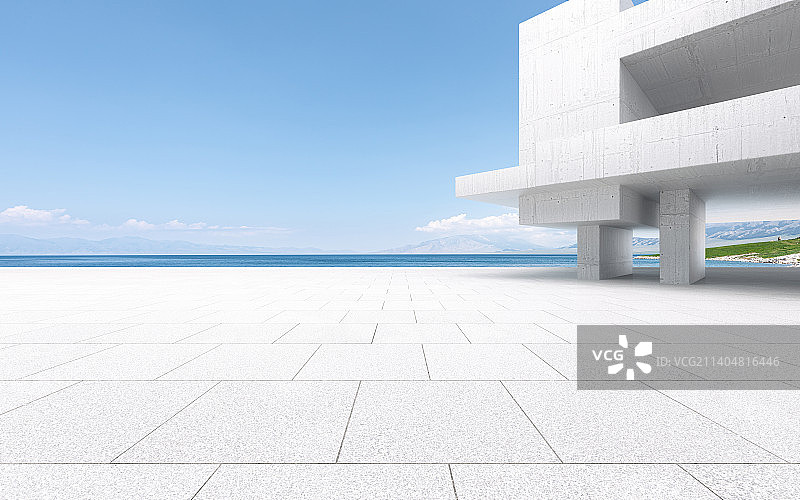 现代建筑砖地广场平台与蓝色海平面图片素材