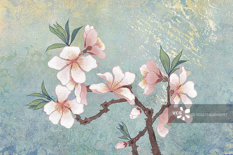 肌理岩彩风格植物系列三月桃花图片素材