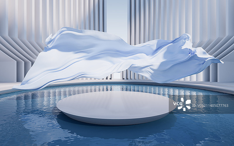 白色几何体建筑和水面空间3D渲染图片素材