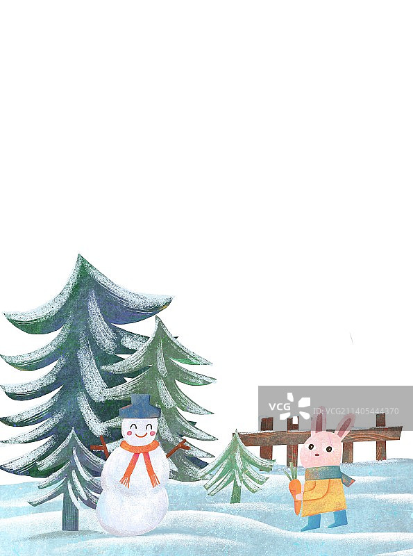 拼贴手绘风冬天雪地里的雪人松树和兔子图片素材