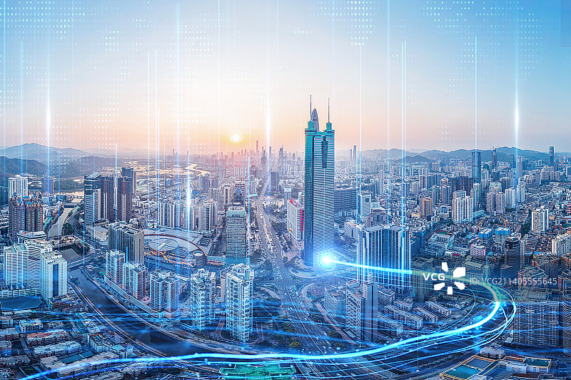 广东省深圳市罗湖区城市天际线未来科技城市概念图片素材