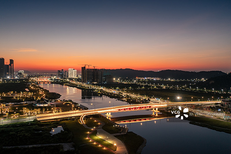 航拍珠海横琴天沐河城市夜景图片素材