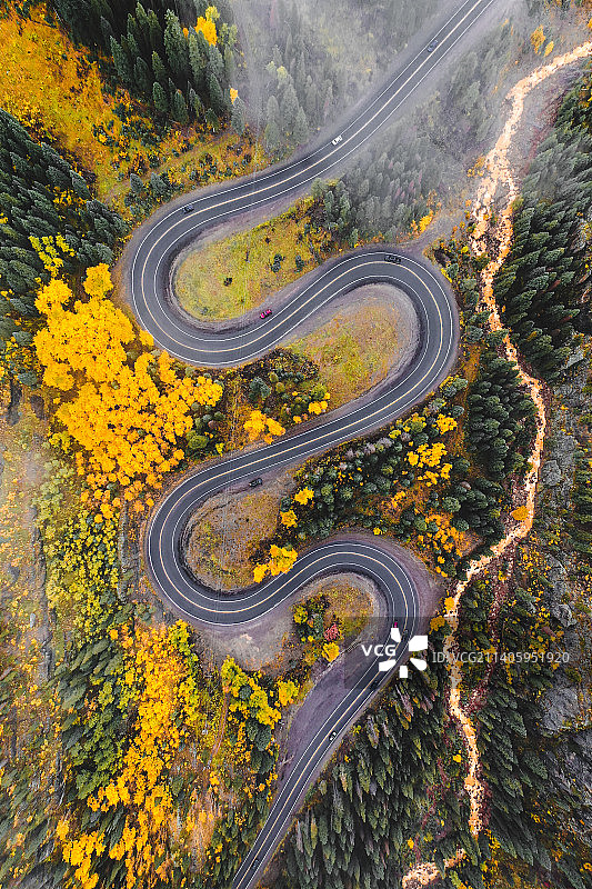 美国科罗拉多州奥雷市森林中蜿蜒道路的鸟瞰图图片素材