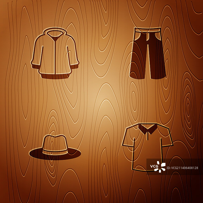 设置衬衫帽衫男子帽子和长裤在木制图片素材