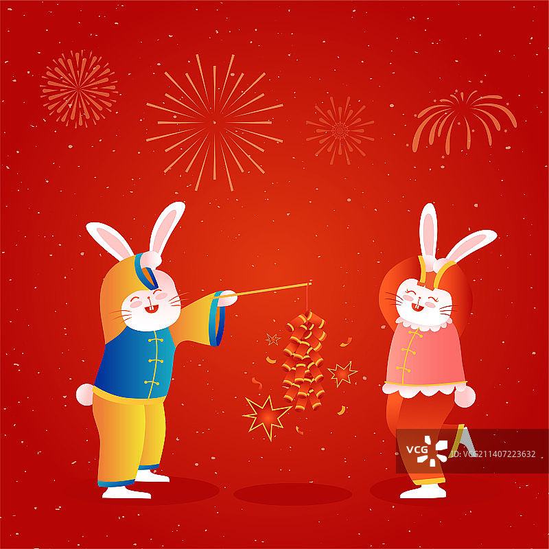 兔子放鞭炮贺新春节日矢量插画海报图片素材