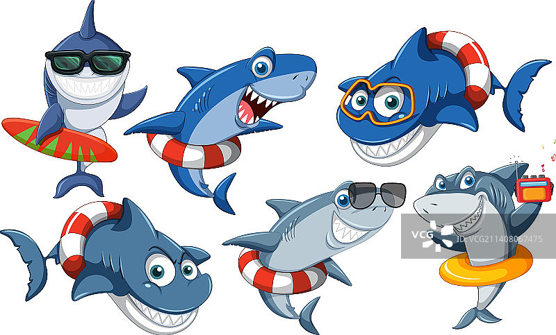 夏季鲨鱼卡通人物套装图片素材