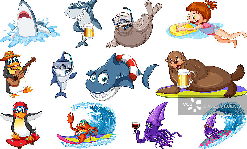 一套海洋动物卡通人物图片素材