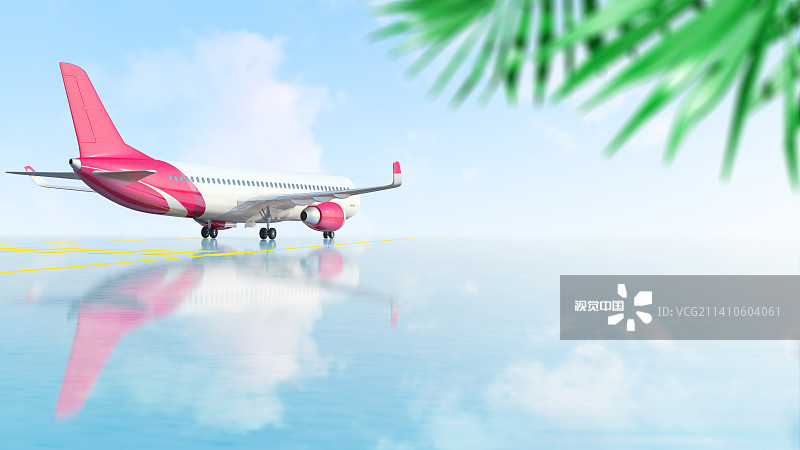 热带棕榈叶下的飞机，插图图片素材