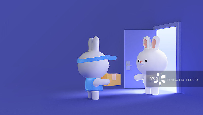 可爱的3D渲染兔子角色交付事件图片素材
