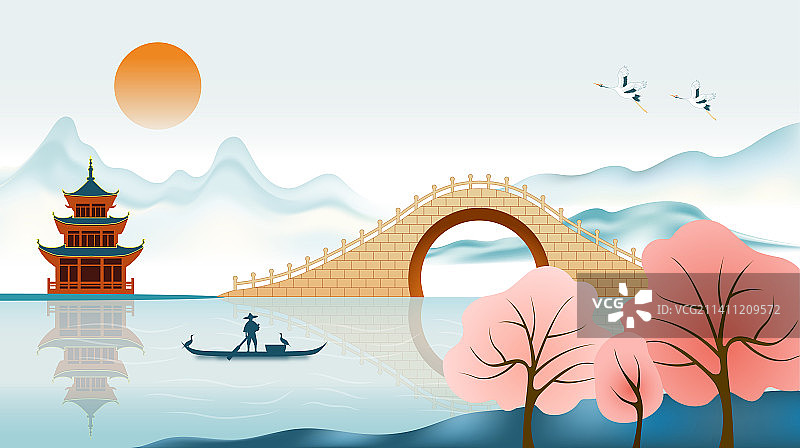 新中式国潮创意国潮山水矢量画图片素材
