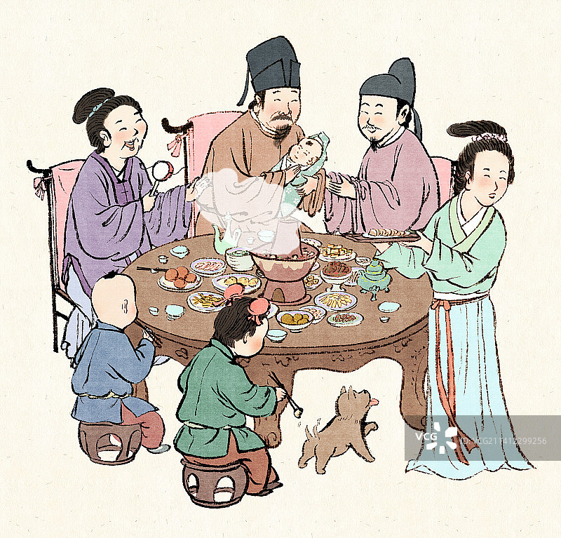 古代大年三十一家人吃团圆饭聚餐的场景图片素材