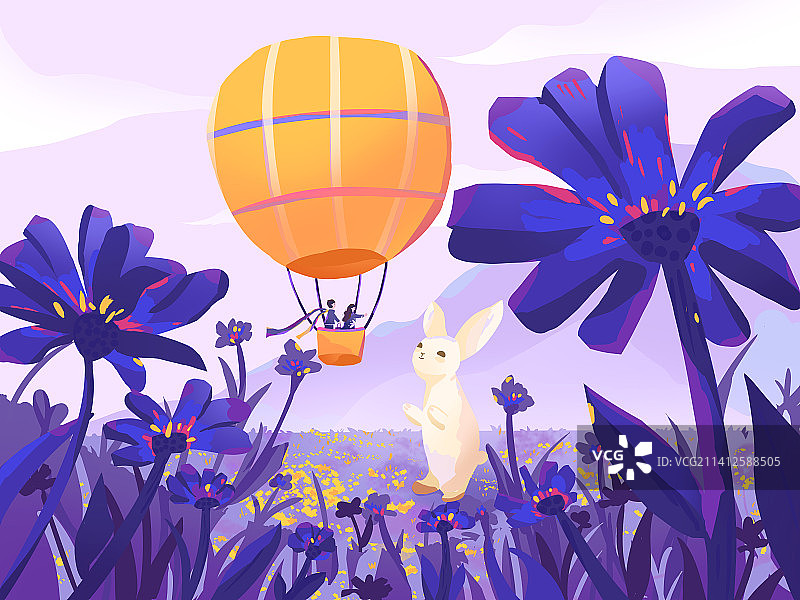热气球情侣和兔子在花丛中玩耍扁平插画图片素材