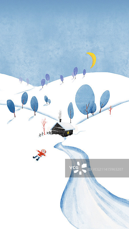 寒冷冬天夜晚月下一个人躺雪地扁平风插画图片素材