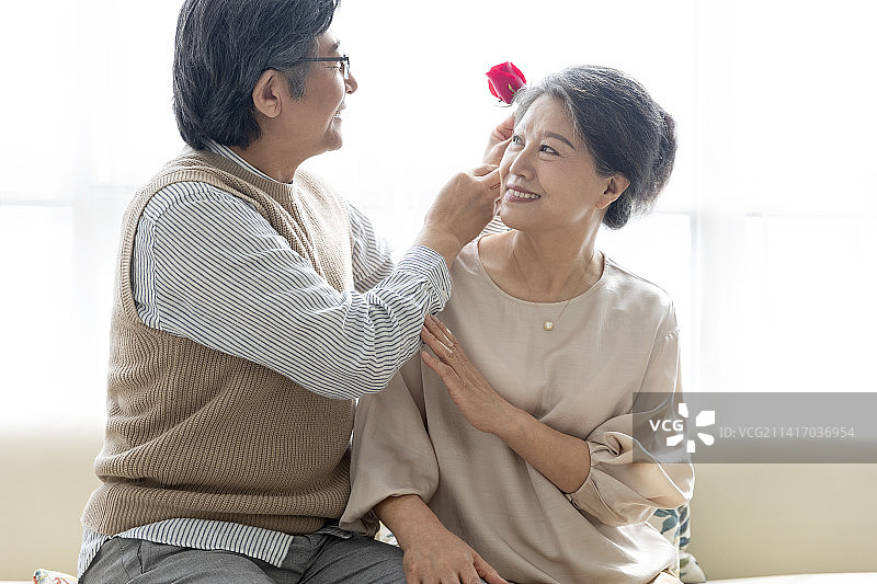 老年男子在客厅给妻子戴玫瑰花图片素材