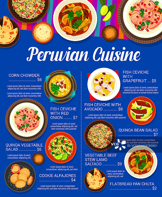 秘鲁菜菜单鱼肉蔬菜食物图片素材