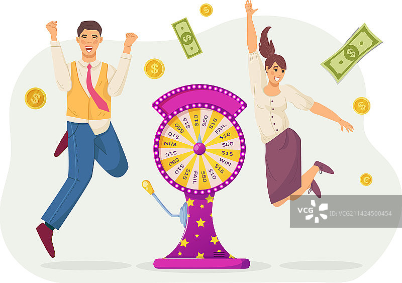 兴奋快乐的男人和女人在赢钱图片素材