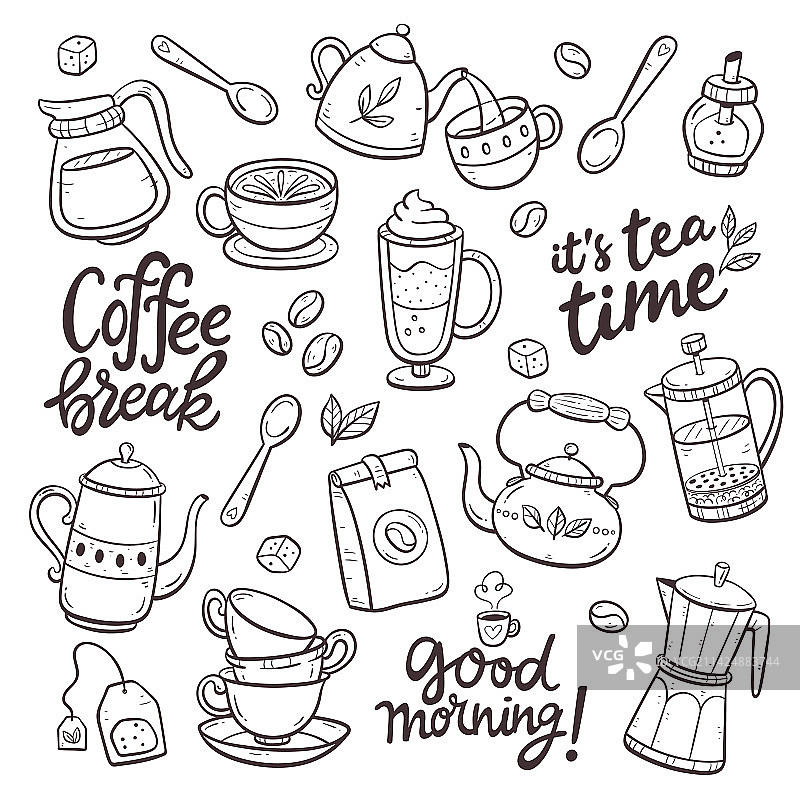 咖啡和茶孤立的涂鸦剪纸2的2图片素材