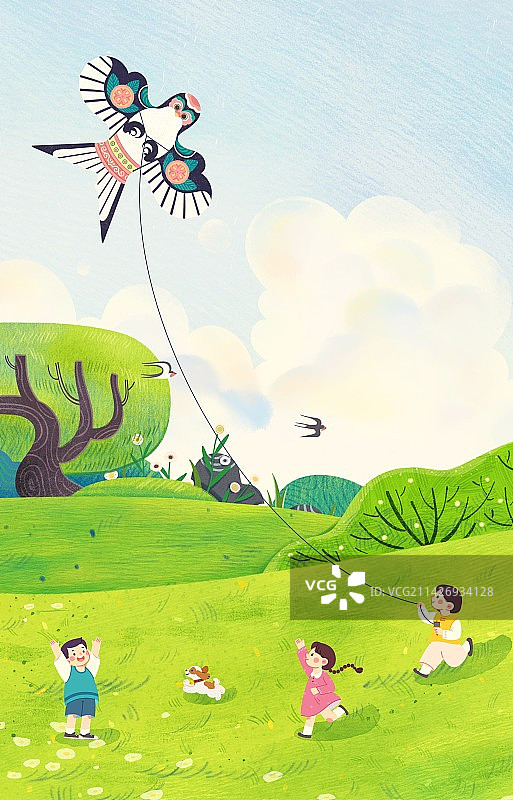 手绘春天春分节气户外放风筝的儿童图片素材