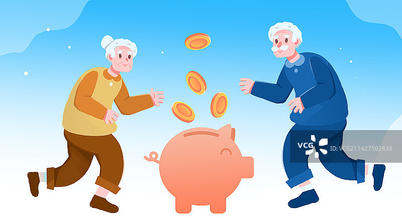 卡通手绘老人保险金储蓄插画图片素材