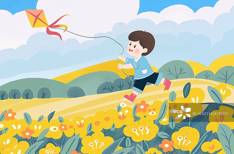 春天男孩在油菜花海放风筝手绘节气插画图片素材