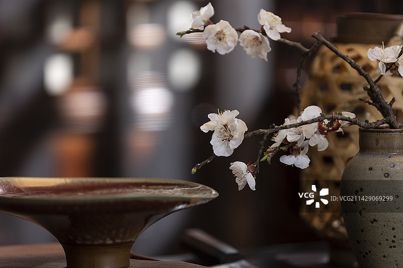 中国文化系列静物：瓷盘和樱花图片素材