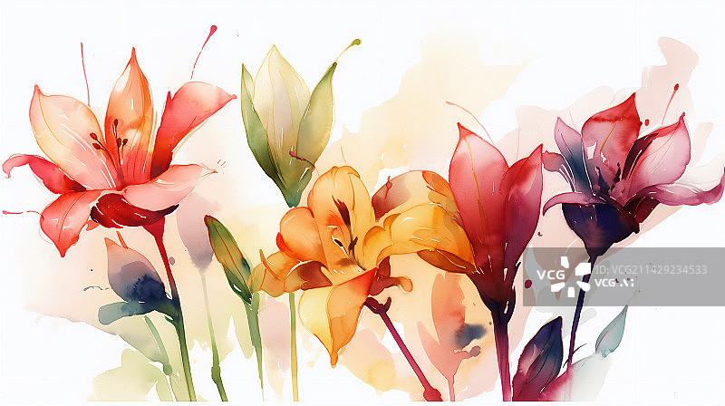 【AI数字艺术】美丽鲜艳的水彩植物清新自然鲜花花卉插画图片素材